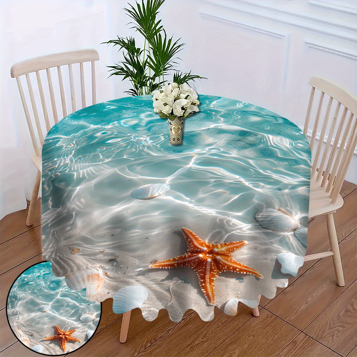 

Round Coastal Seashell Starfish Tablecloth - 100% Polyester, Woven Machine Made, Decorative Sunset Table Cover For Dining And Living Room, Dustproof Home Decor