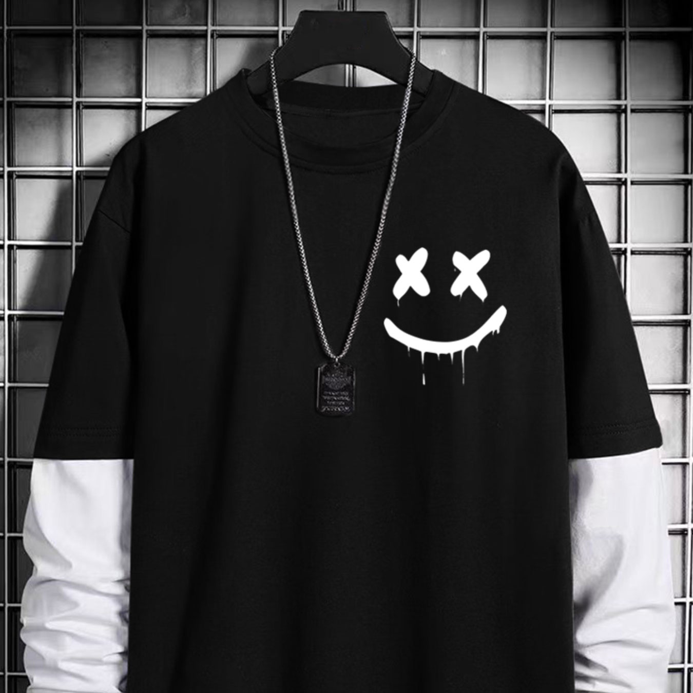 

Print Men's Fake Two-piece Casual Loose Long Sleeve T-shirt