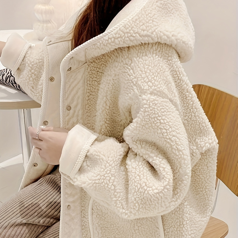 

Autumn And Winter Oversized Loose Compound Plush Four-button Open-front Hooded Jacket With Pockets