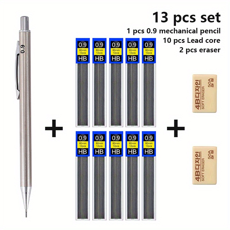 TEMU Metal Sketching Pencil Set, 0.3/0.5/0.7/0.9mm, Automatic Writing & Drawing Pens, Office Stationery Supplies, Fine Writing Tools, 1 Pen & 10 Lead Cores With 2 Erasers