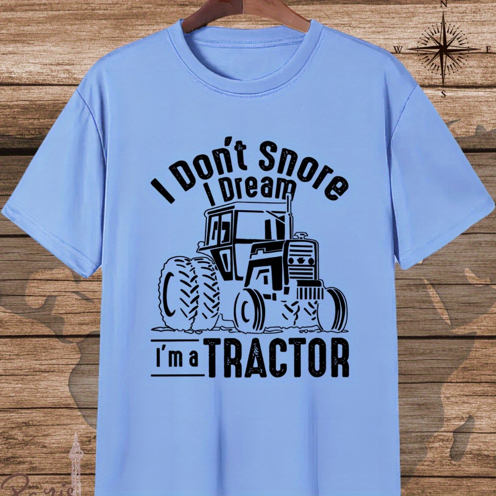 

Men's Casual Crew Neck T-shirt With Funny " Snore, I'm A Tractor" Print, 100% Polyester Knit Fabric, Regular Fit, Short Sleeve, Summer Tee With Stretch - Geometric Patterned