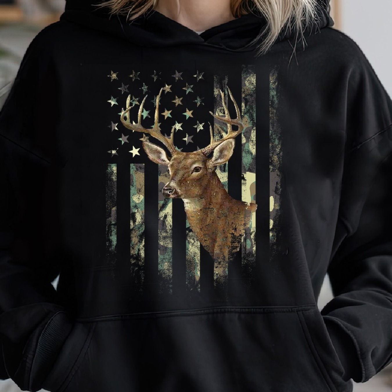 

American Flag Hunting Antlers Cozy Pullover Hoodie, Casual Long Sleeve Hoodie For Sprots