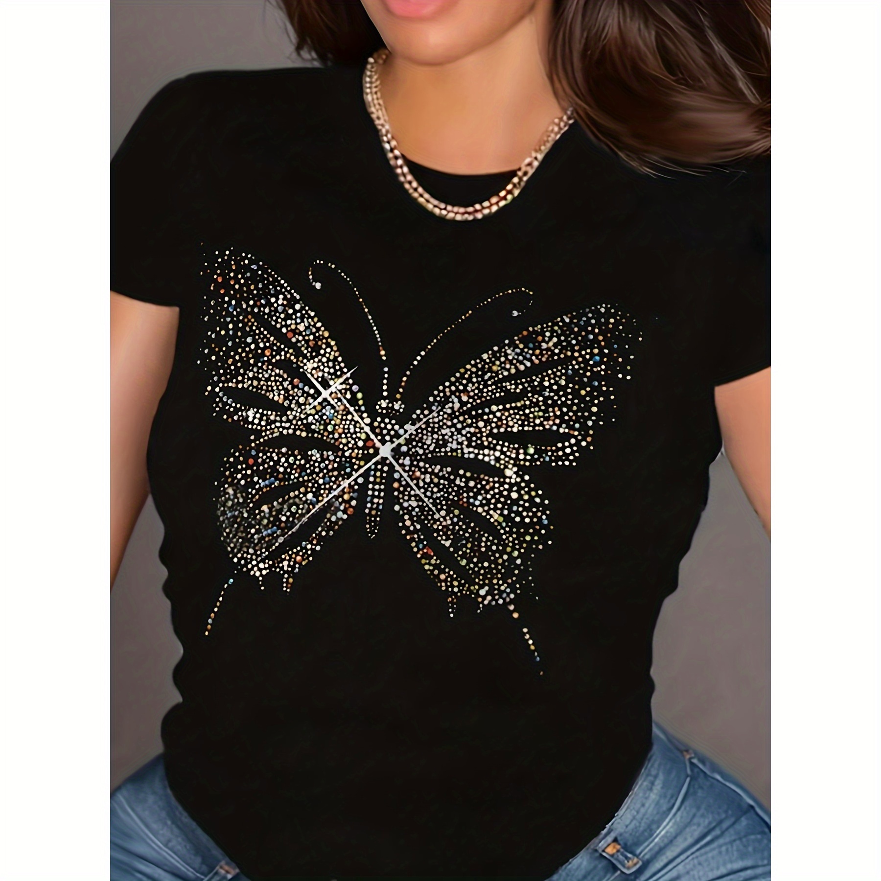 

Vibrant Butterfly Neck T-shirt- Soft, Breathable, Short Sleeve Casual Top For Spring& Summer- Women's Relaxed Fit Clothing For Wear