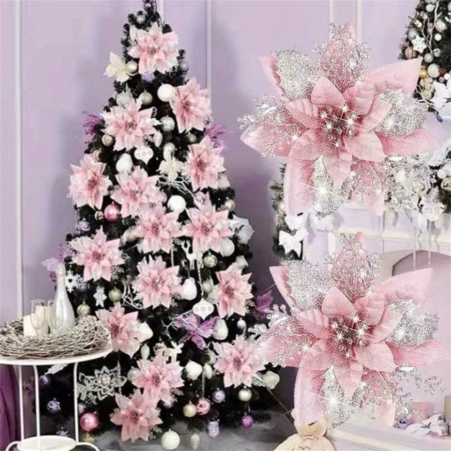 

10pcs Sparkling Artificial Poinsettia Garland - Diy Christmas Tree & New Year Decor, No Power Needed, Featherless Fabric & Plastic Festive Flowers For