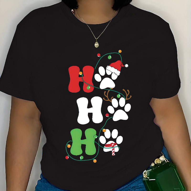 

Plus Size Women's Christmas & Paw Print T-shirt - Casual Crew Neck, Short Sleeve Top For Spring/summer, Stretchy Polyester