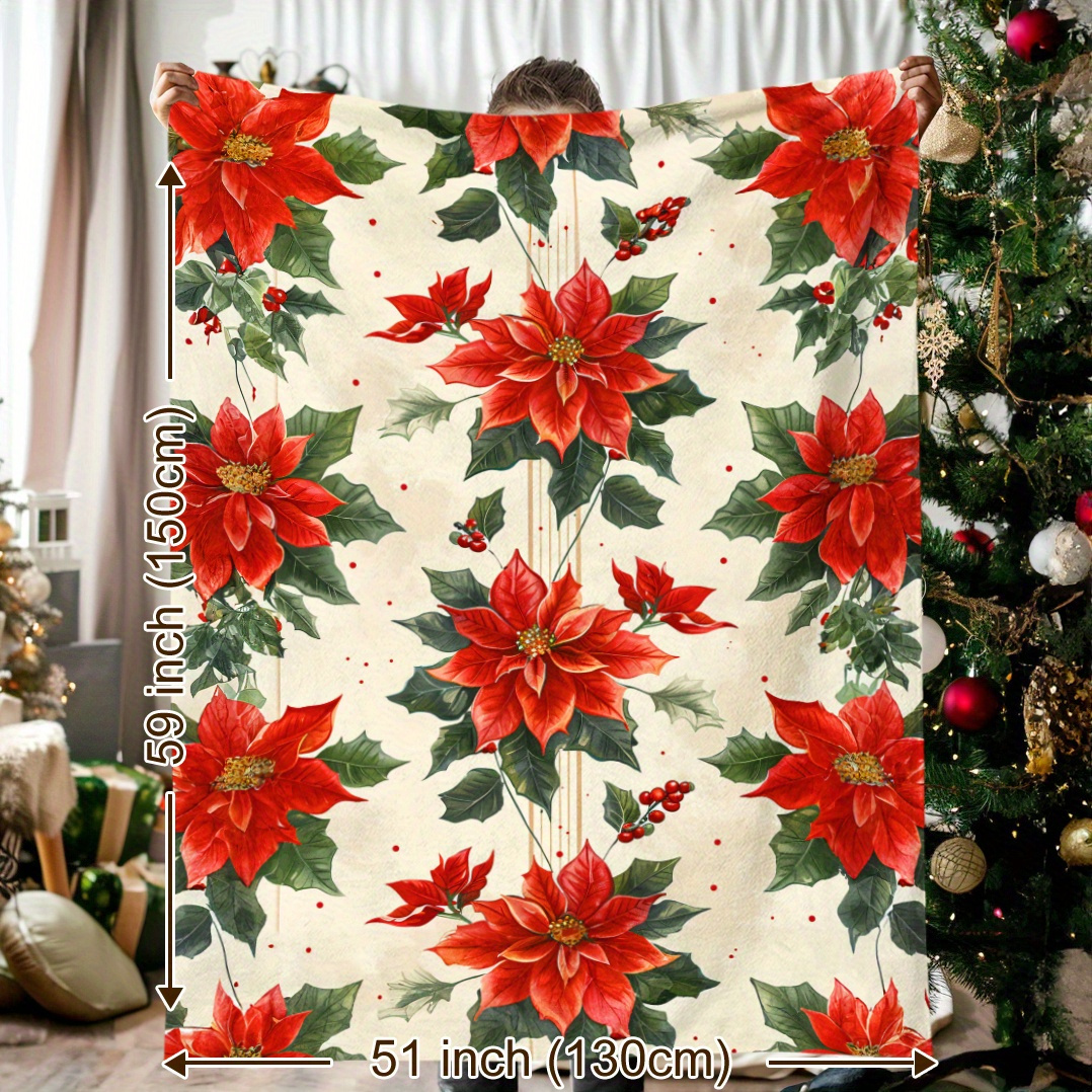 

Cozy Christmas Blanket With Poinsettia & Design - Soft, Warm Flannel Throw For , Camping, Travel, And Home Decor - Gift For