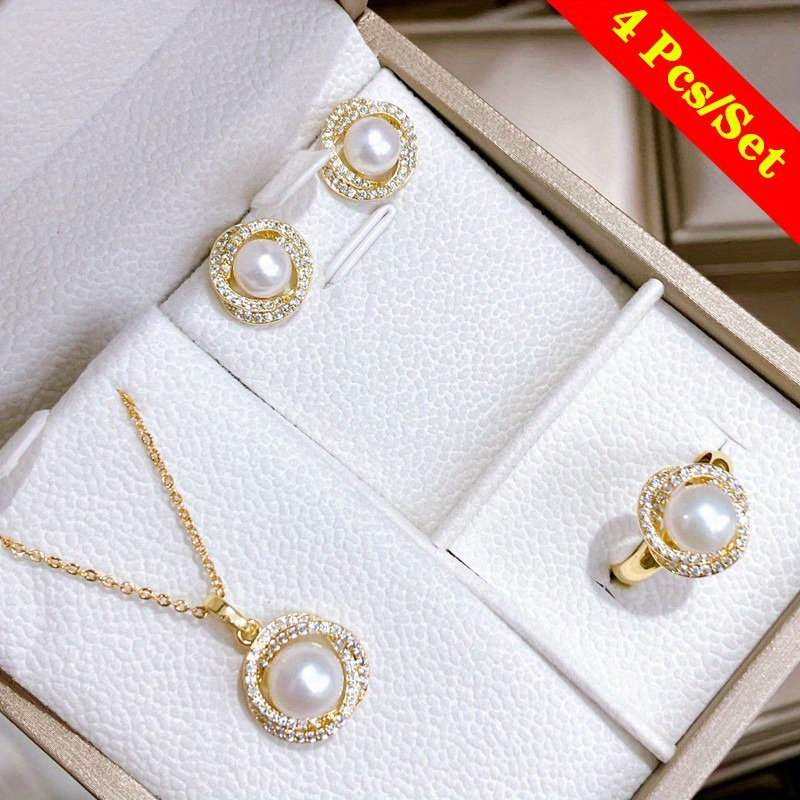 

4 Pcs/ Set Fashionable Women' Imitation Pearl Necklace, Ring And Earring Set, Bride Engagement And Wedding Jewelry Set, Perfect Gift For Lover Jewelry