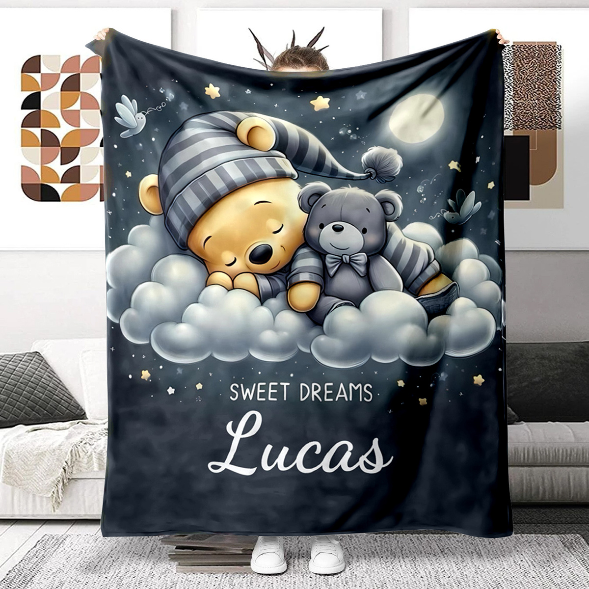 

Personalized Bear Blanket With Custom Name - Soft, For Bed, Sofa, Picnic | Polyester | Machine Washable