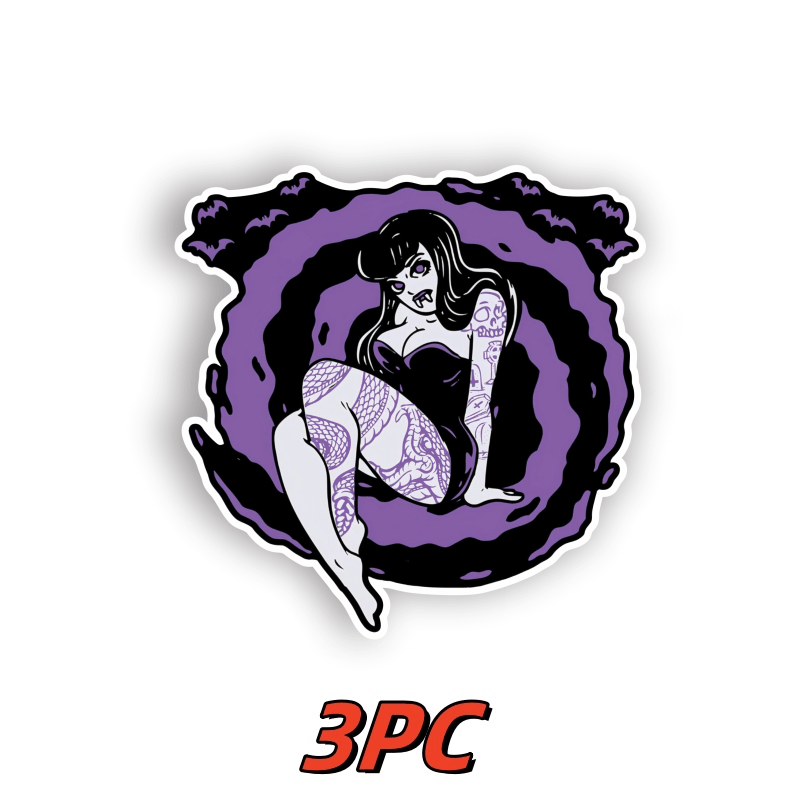 

3pc Vinyl Decals - Tattooed Goth Girl Design, Matte , Irregular Shape, Self-adhesive, Single-use - Waterproof Stickers For Cars, Laptops & Water Bottles - Rockabilly, , Horror Punk Style