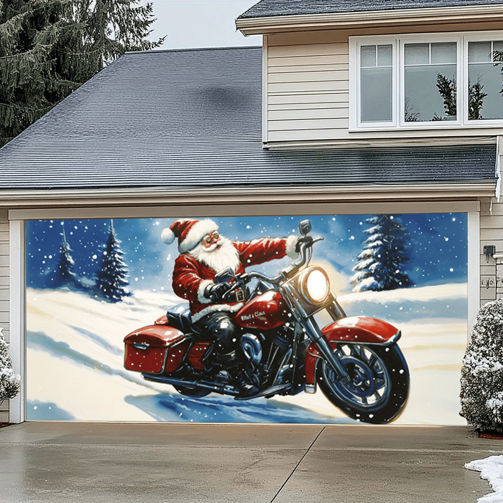 TEMU 2d Door Banner Festive Polyester Santa On Motorcycle Door Banner - 100% Polyester Large Hanging Decoration, No Electricity Needed, Ideal For