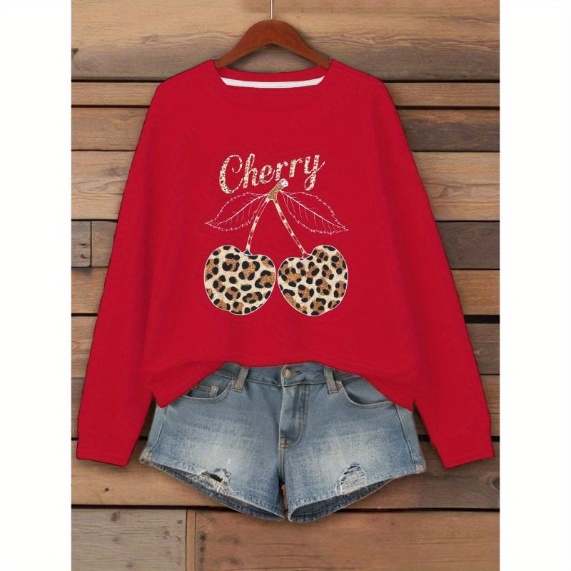 

Sweat-shirt à imprimé léopard cerises, sweat-shirt décontracté à col rond pour et , vêtements pour femmes