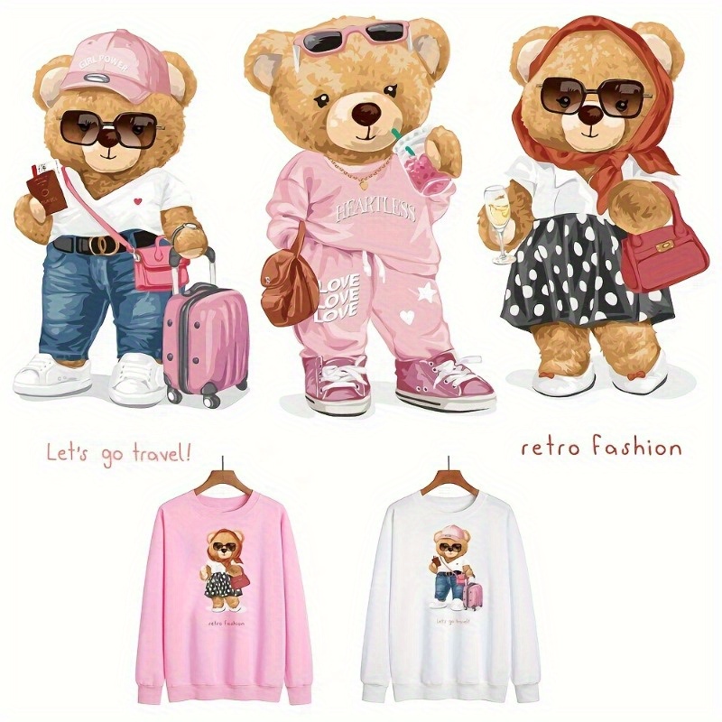 diy 티셔츠, 마스크, 청바지, 백팩, 모자 및 베개용 3개 대형 곰 아이언온 열전달 데칼 - 세탁 가능한 폴리에스테르 동물 스티커