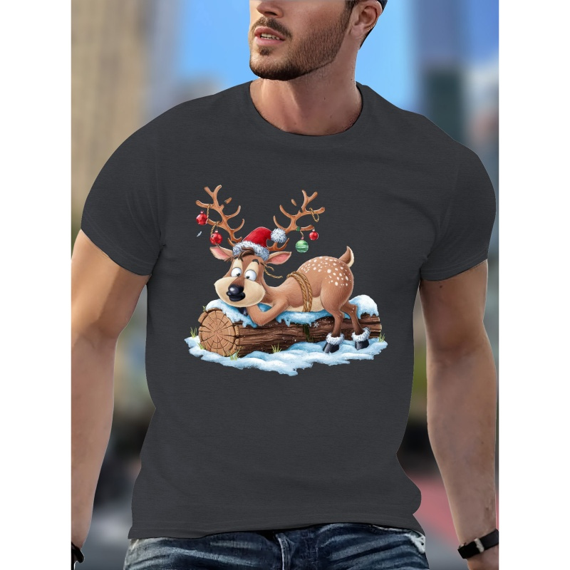 

Reindeer Christmas Ornaments Graphic Tee Shirt - Casual Polyester Crew Neck T-shirt With Stretch, Knit Fabric Regular Fit Men's Summer Top