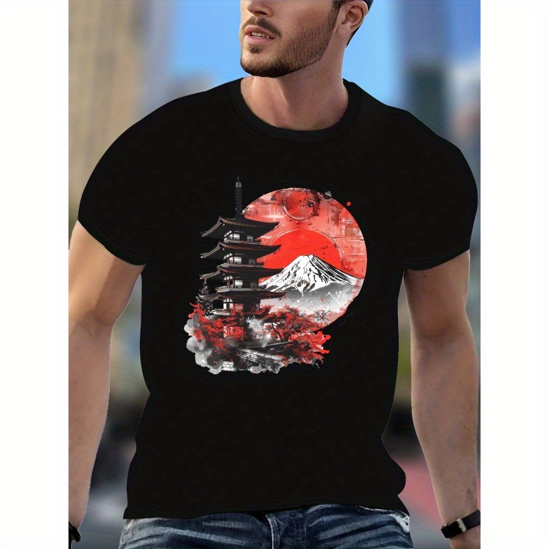 

T-Shirt Décontracté pour Hommes avec Motif Paysage Japonais - Polyester Noir, Manches Courtes, Col Rond, Lavable en Machine, Tee-Shirt d'Été avec Imprimé Fuji &