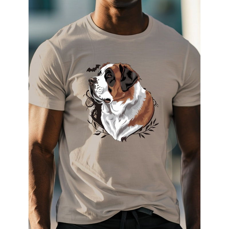 

Men's Polyester T-shirt With St Dog Profile Print - Geometric Pattern Knit Fabric Crew Neck Tee - Casual, Regular Fit, Stretch Top For Adults - Ideal For Summer