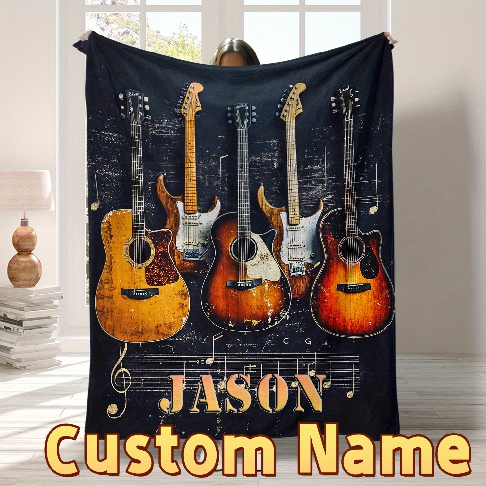 

1pc Custom Name Guitar Throw Blanket - Soft Polyester Fiber, Machine Washable, Chunky Knit Fleece For Sofa, Bed, Travel, Camping, Living Room, Office - Personalized Warm Gift For Family Friend