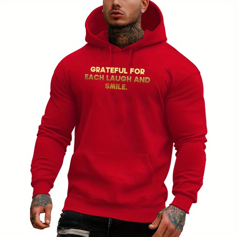 

Men's Grateful For Each And Smile Printed Hoodie, Polyester Plush Sweater, Casual Long Sleeve Pullover With Hood, Regular Fit, Top For Men