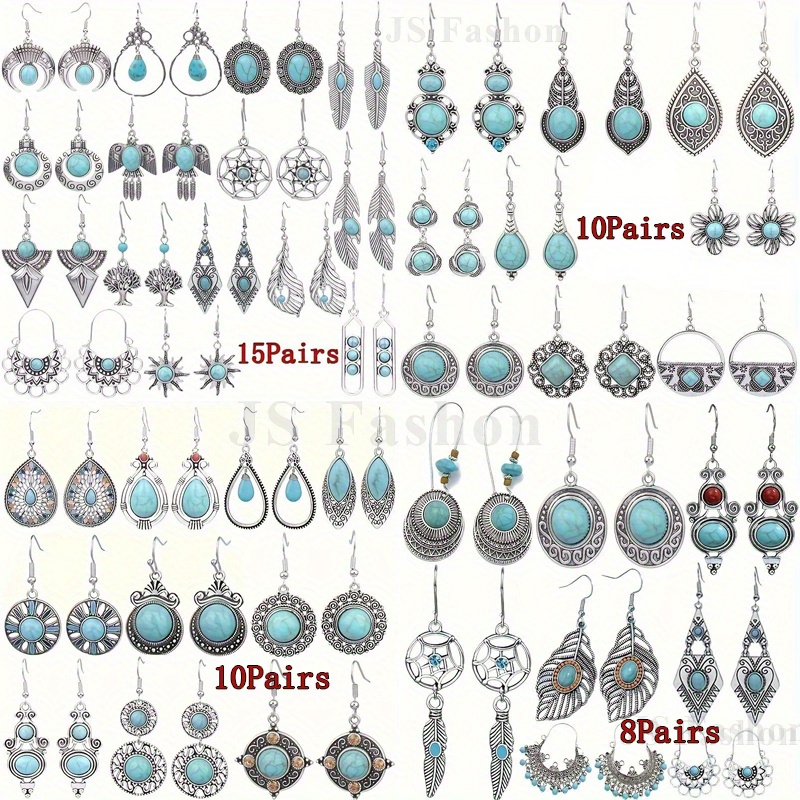 

8/ 10/ 15 Pairs Of Leaf Design Artificial Turquoise Earrings Vintage Tassel Elegant Dangle Earrings Bohemian Earrings Women's Jewelry Accessories Holiday Christmas Gift