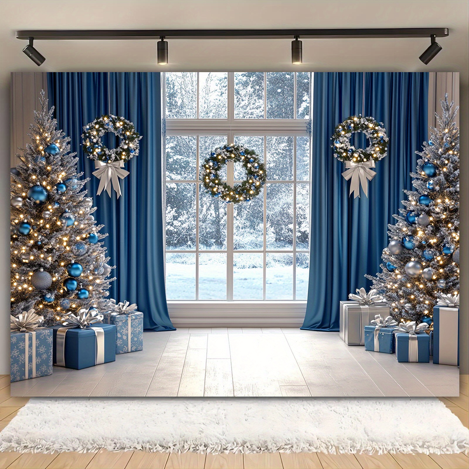 

Blue Christmas Backdrop: 39"x59" & "x90.5" Winter Snow Window Decorations For Photography, Parties,