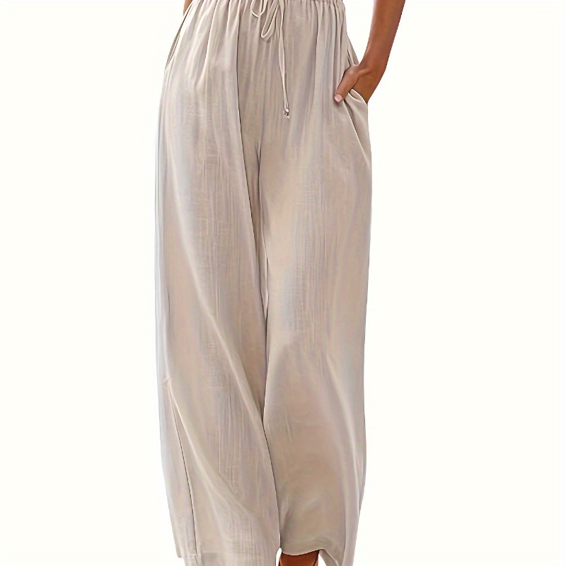 

Lightweight Linen Summer Palazzo Pants For Women - Flowy Wide Leg, Solid Color With Pockets, Drawstring Waist, Beach & Casual Wear