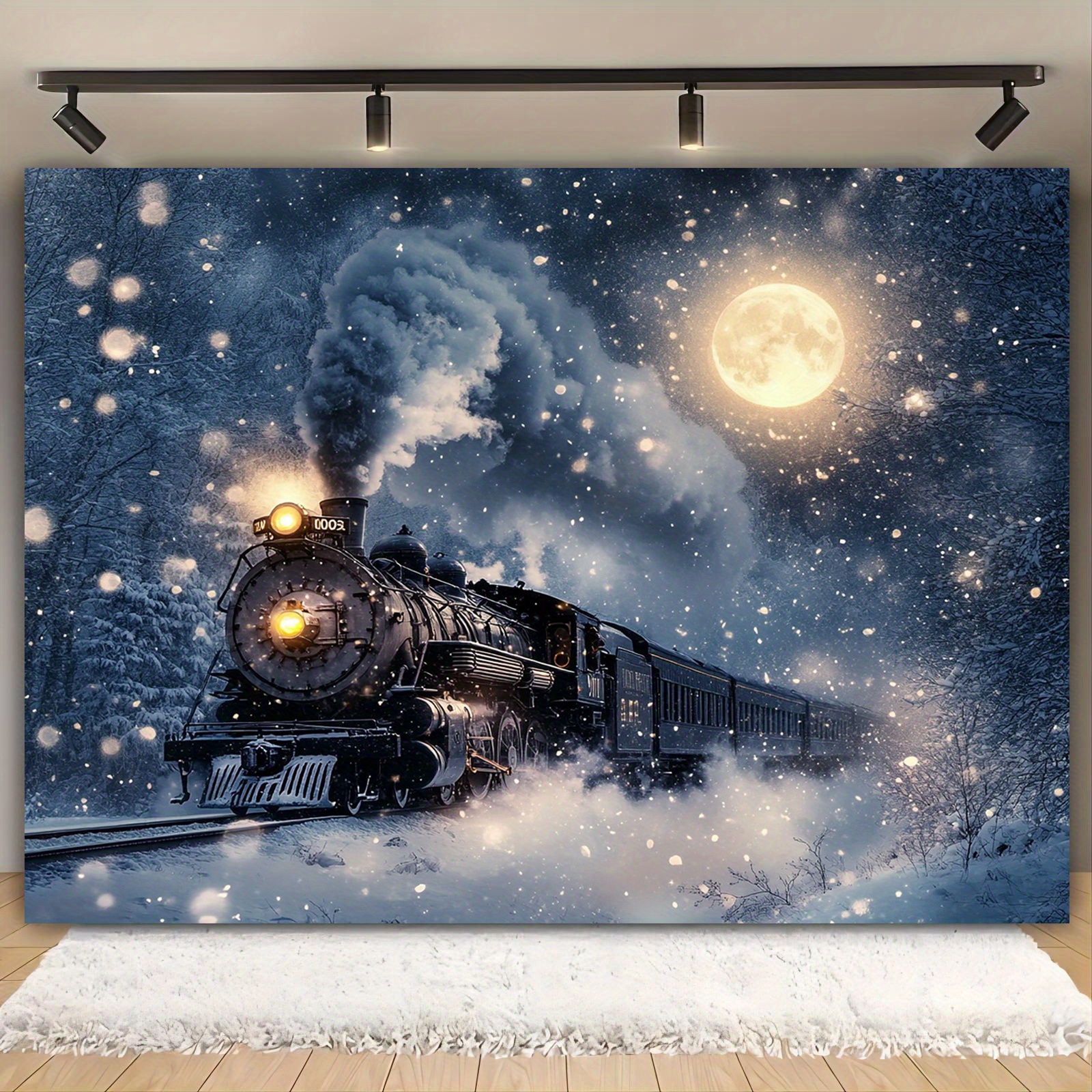 

1pc Christmas Steam Backdrop - 39x59 Inches, Polyester Snowy Train Scene For Home, Room Decor, Wedding, Birthday, Bridal Shower, , Photo Booth Props - No Electricity Needed