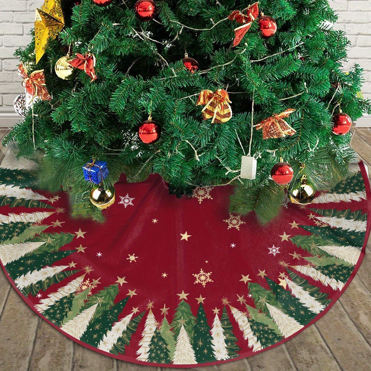 

Red Christmas Tree Skirt With Star Accents - 36/48 Inch, Polyester Holiday Decor For Home & Farmhouse, New Year's & Christmas Parties