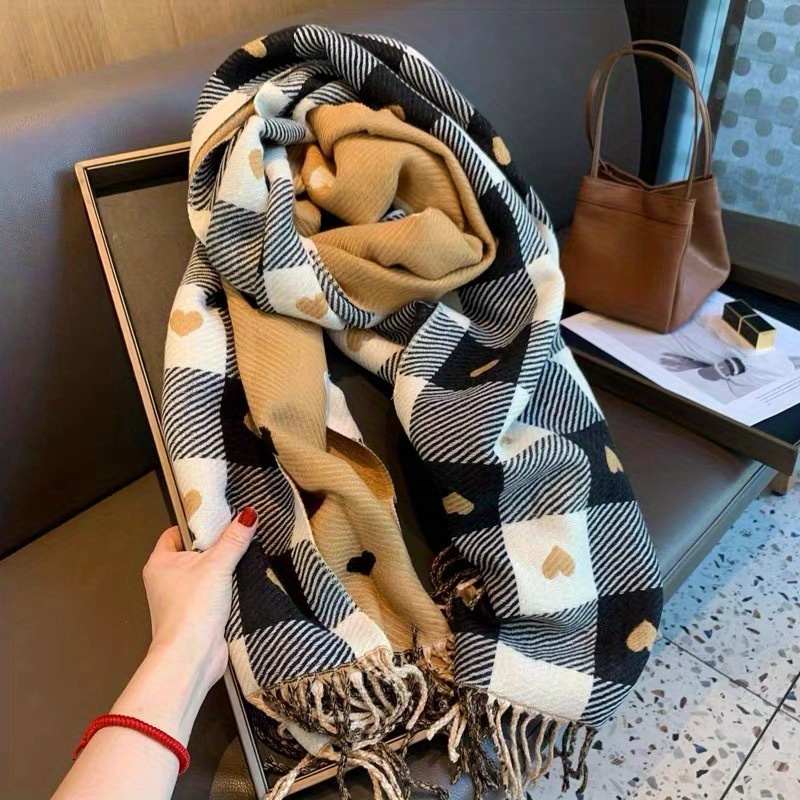 

Ladies Heart-shaped Double-sided Shawl Scarf: With Tassels, Winter Checkered Warm Neck , Suitable For Autumn And Winter, Warm And Comfortable, Non-elastic, Handwash Or