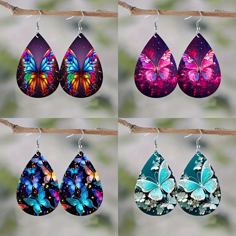 

4 Pairs Of Teardrop-shaped Pu Leather Earrings, 3d Printed Pendant Jewelry