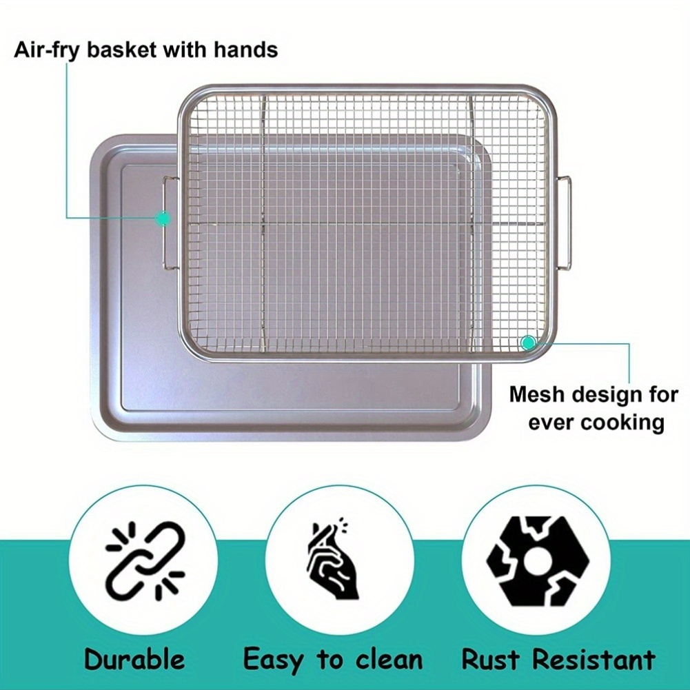 

2pcs Stainless Roasting Pan Set With Air Fryer Basket & Tray - Oven Grilling, Roasting Pans