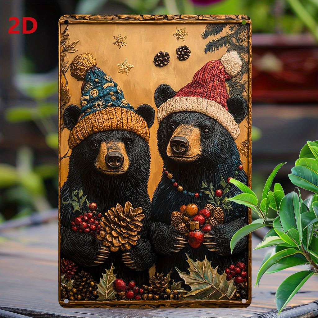 

Christmas Black Bear Decorative Aluminum Wall Art - 1pc 8x12 Inch Indoor/outdoor Waterproof Sign For Home, Garden, Decoration