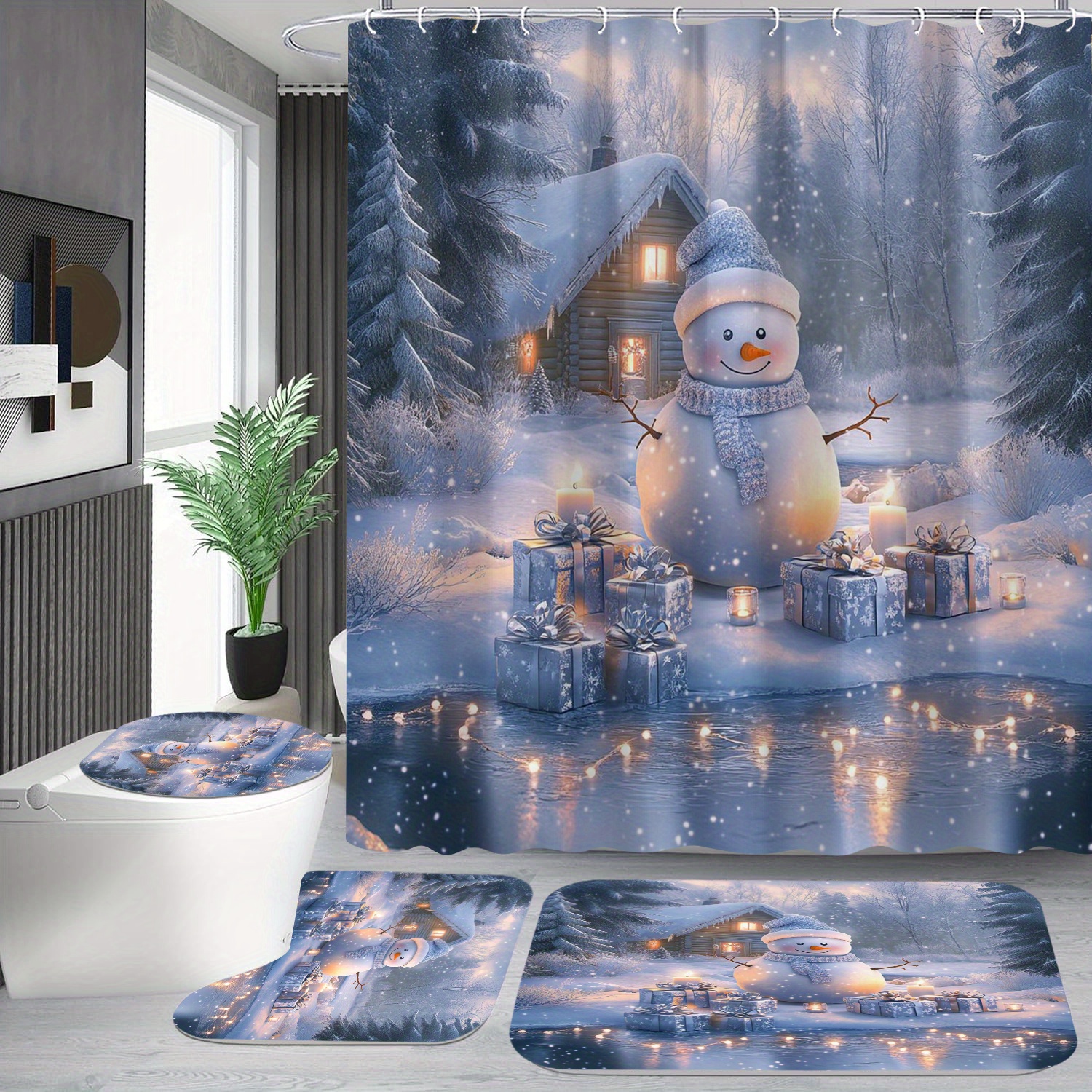 

Water-resistant Christmas Snowman Bath Ensemble With Hooks, Polyester Non-woven Fabric, Arts-themed Graphic Bathroom Set, 1pc/4pc, Machine Washable