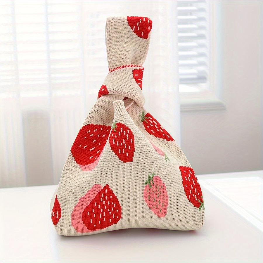 

Strawberry Pattern Knitted Handbag, Beautiful Crochet Bag, Women's Woven Tote Bag