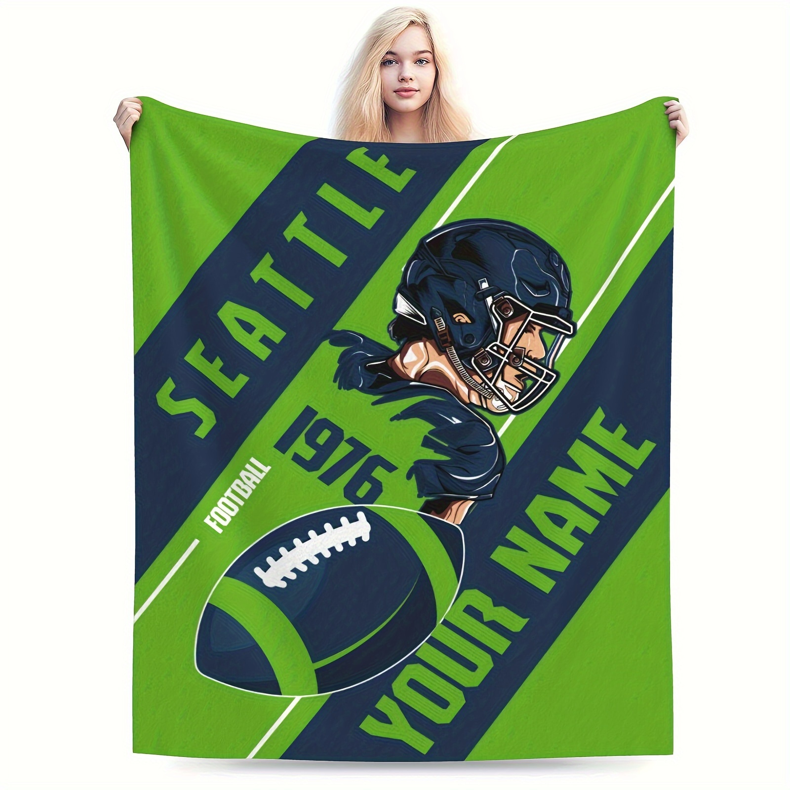 

Football Fleece Throw Blanket, Custom Name Personalized, Unisex Fan Gift, Polyester, Rectangular, Knitted, Sofa & Bed Decor, Home Kitchen Decor, All , Cabin Style, , Flannel Fabric, 200-250g, Green