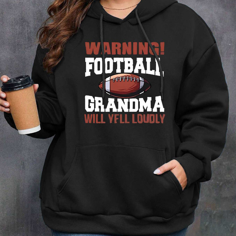 

Women's Plus Size Casual Hoodie With Football & Letter Print - Long Sleeve, Drawstring, Kangaroo Pocket Pullover For Fall/winter
