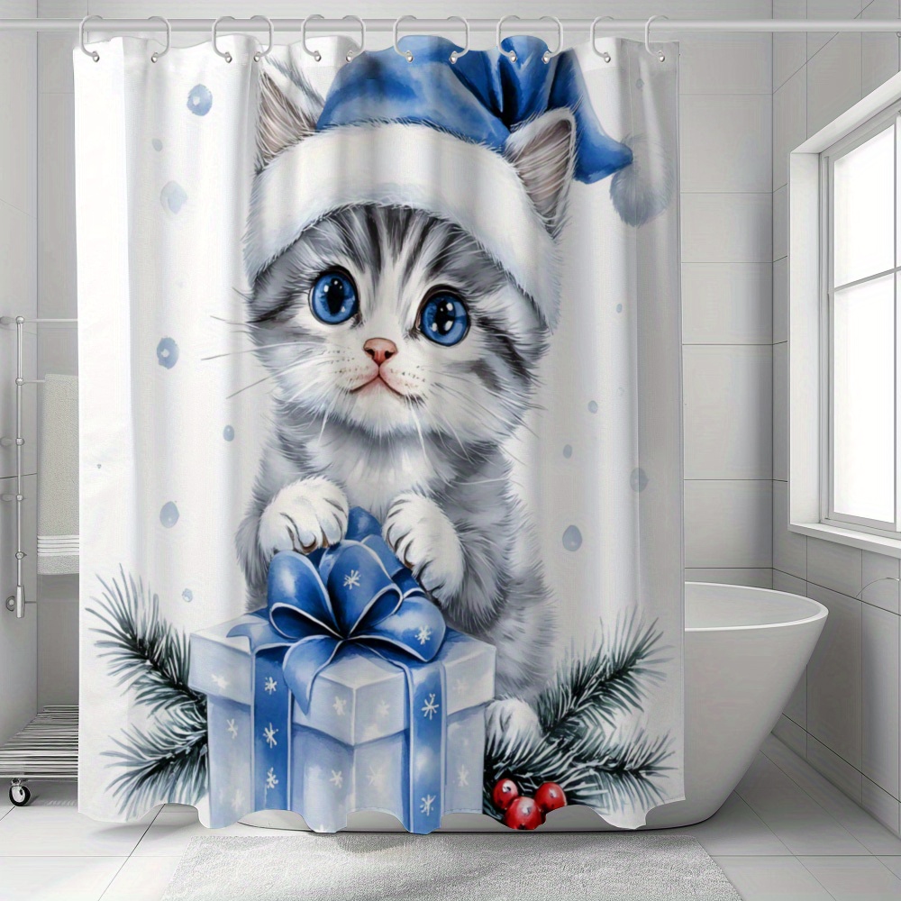 

Merry Christmas Cat & Gift Pattern Shower Curtain - Waterproof, Machine Washable With 12 Hooks Included - Bathroom Decor, Shower Curtain Sets For Bathrooms