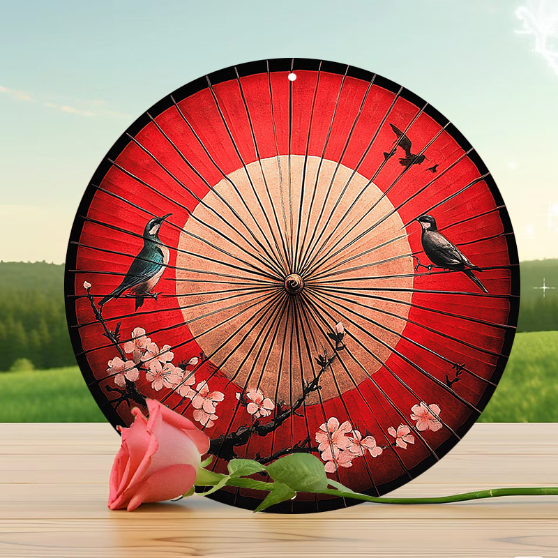 

Waterproof Aluminum Metal Wall Decor - 1pc 8" Round Oil Paper Umbrella Art With Birds And - Hd Printed Outdoor/indoor Hanging Sign - Weather Resistant Door/wreath Decor Wxb16659