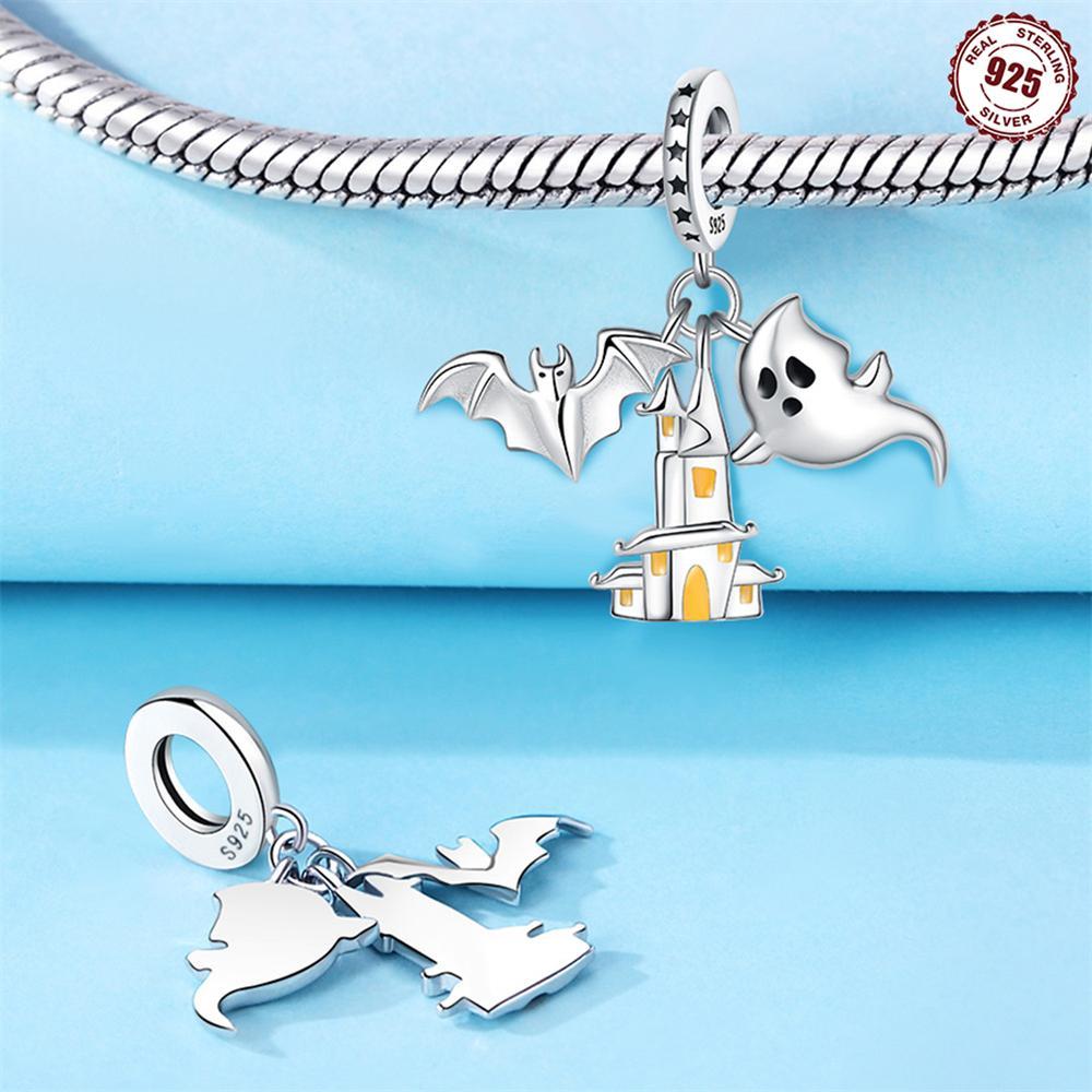 925 sterling silver charm, urban fashion  , ghost castle & bat pendant, sports theme,   birthstone, thanksgiving day gift, fits bracelet, vacation & festival occasion details 2