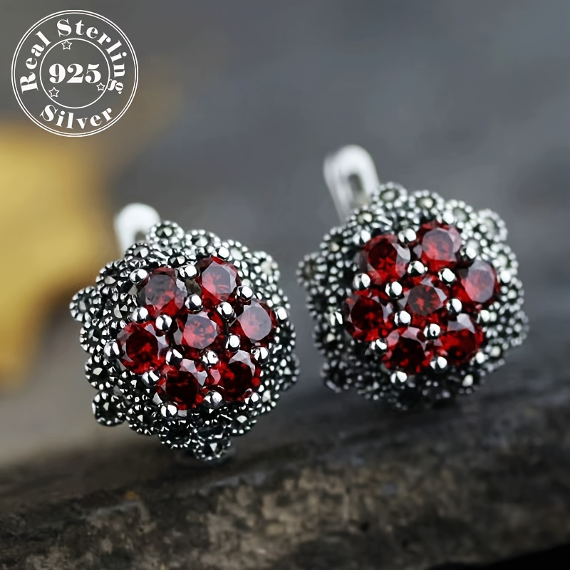 

925 Sterling Silver Vintage Earrings With Black Decorative Stone And Synthetic Zircon, Allergy Prevention Earpins, High Quality Jewelry Gift - 4.0g