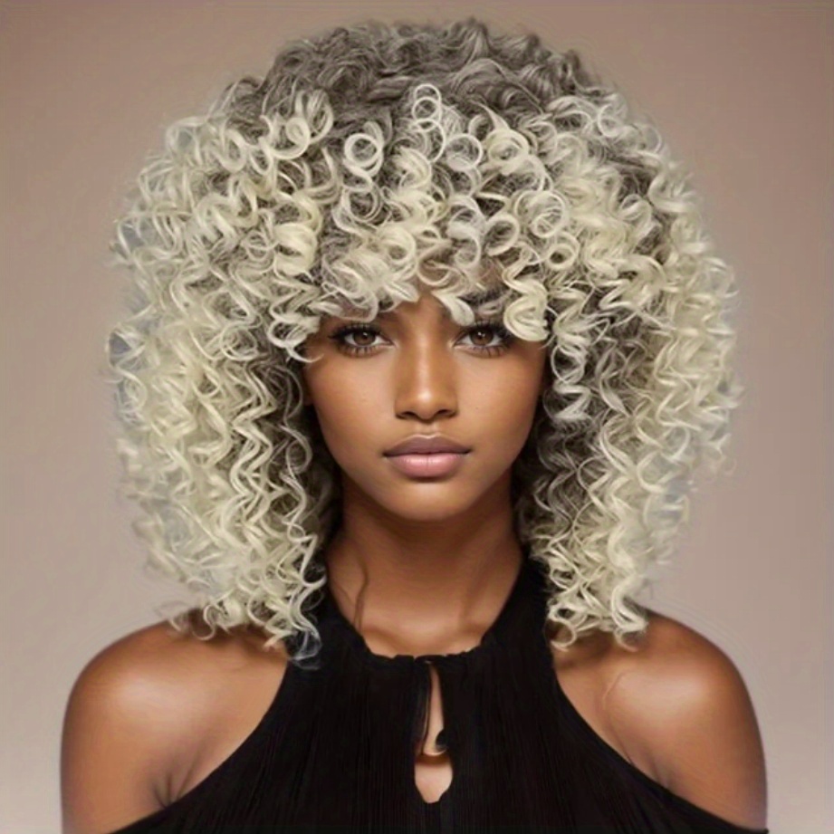 

Elegant Ombre Blonde Afro Curly Wig For Women - Short, Kinky Synthetic Hair With Brown Mix, High-temperature Fiber