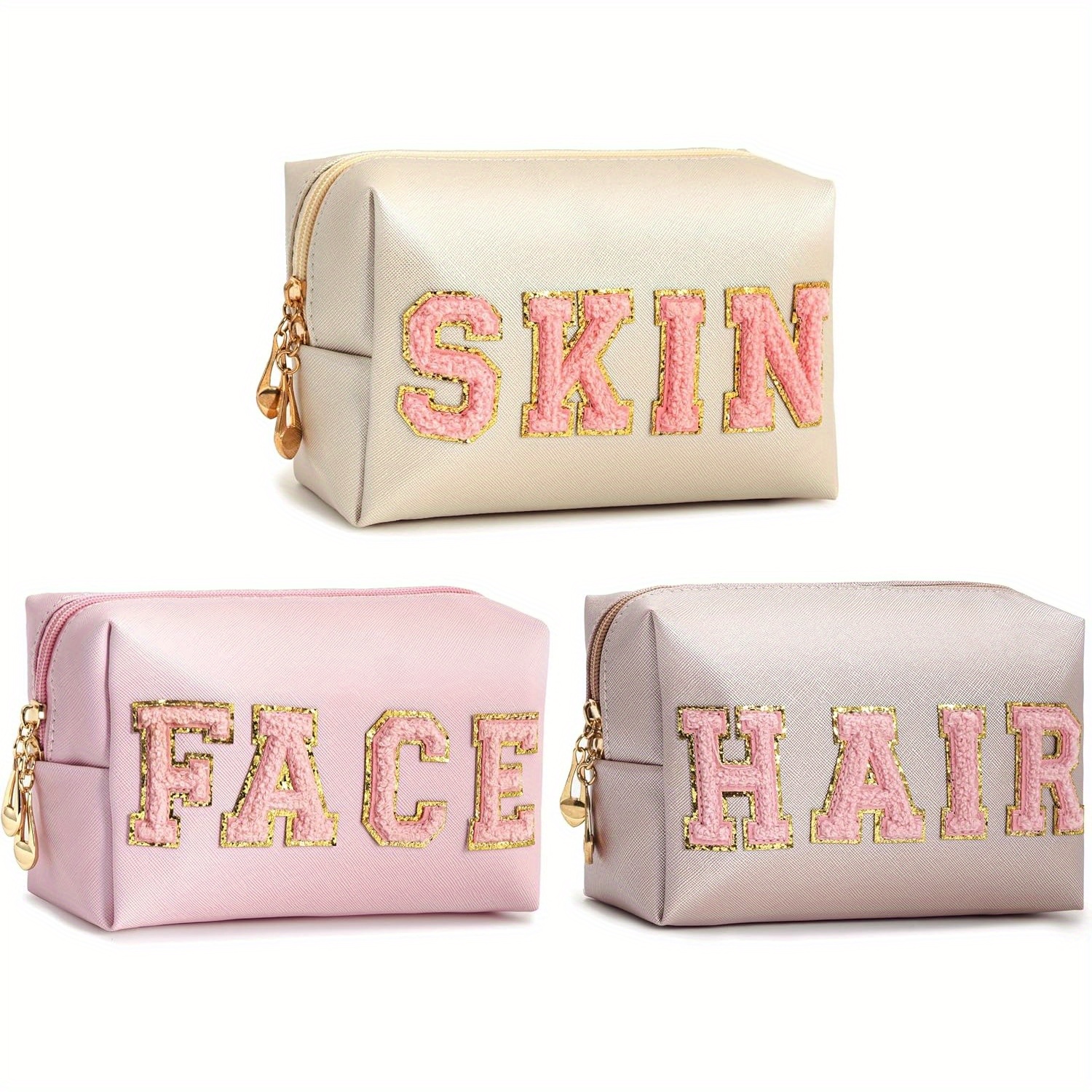 

3pcs Preppy Makeup Bag For Women Travel Toiletry Bag Chenille Letter Cosmetic Bag Pu Leather Waterproof Pouch Cute Zipper Organizer, Skin, Hair And Face