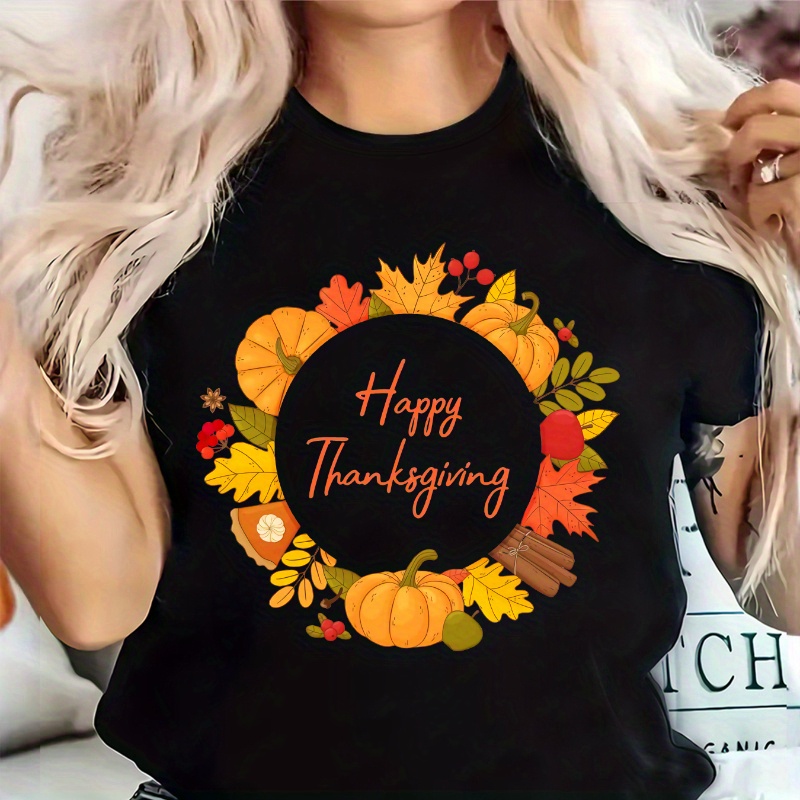 

Chic Thanksgiving-themed Lightweight For Women - Casual & , Crew Neck, Short Sleeve, Stretchy Polyester