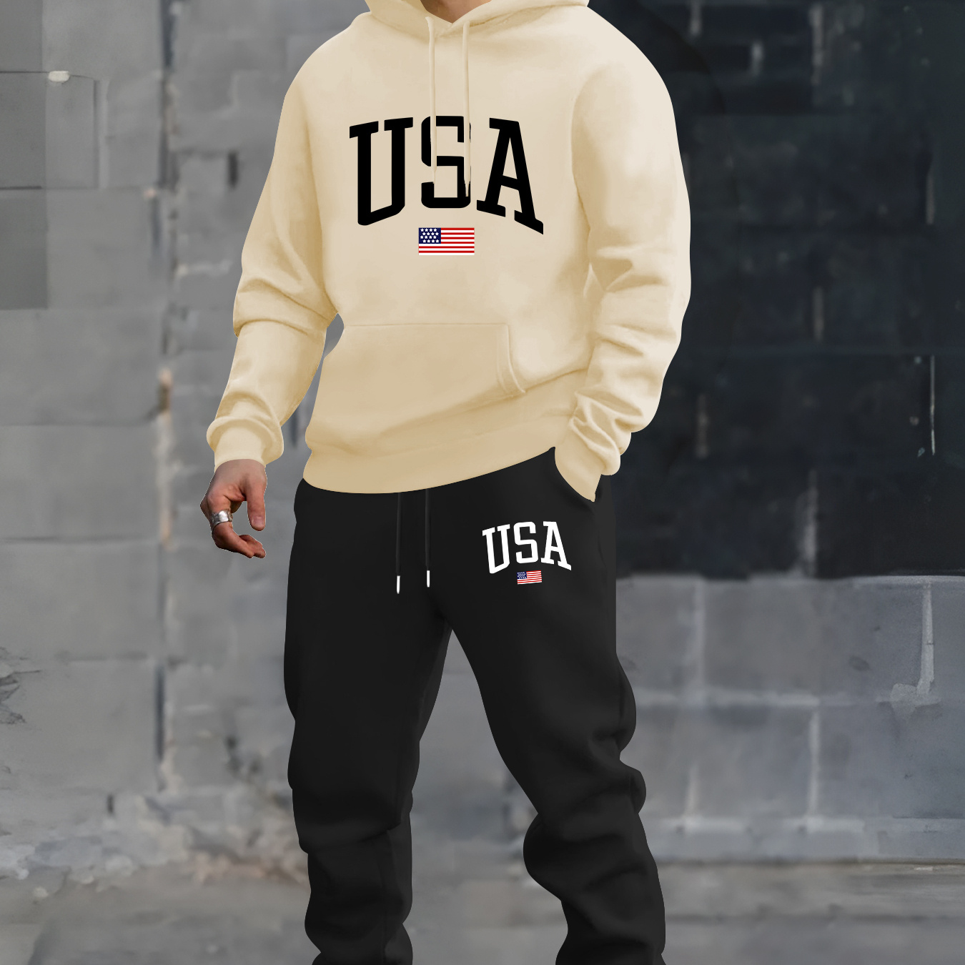 

Men's Usa Printed Long Sleeve Hoodie Set, Casual Sports Sweatshirt And Joggers, Fashionable Trendy Outfit, Regular Fit, Polyester Knit, Stretch Fabric, Crew Neck, For Fall/winter Season