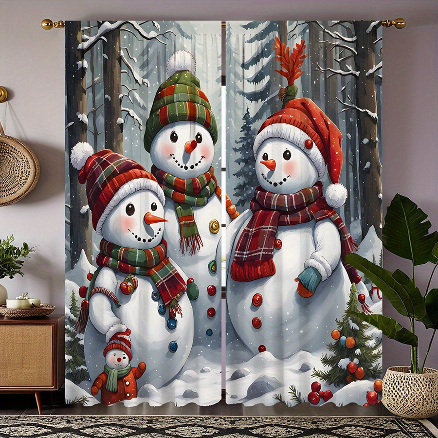 

2pcs Snow Scenery Forest Snowman Curtains White Bouquet Decoration Digital Printed Curtains Living Room Bedroom Rod Pocket Curtains Effect Style Bedroom Study Window Home Decor