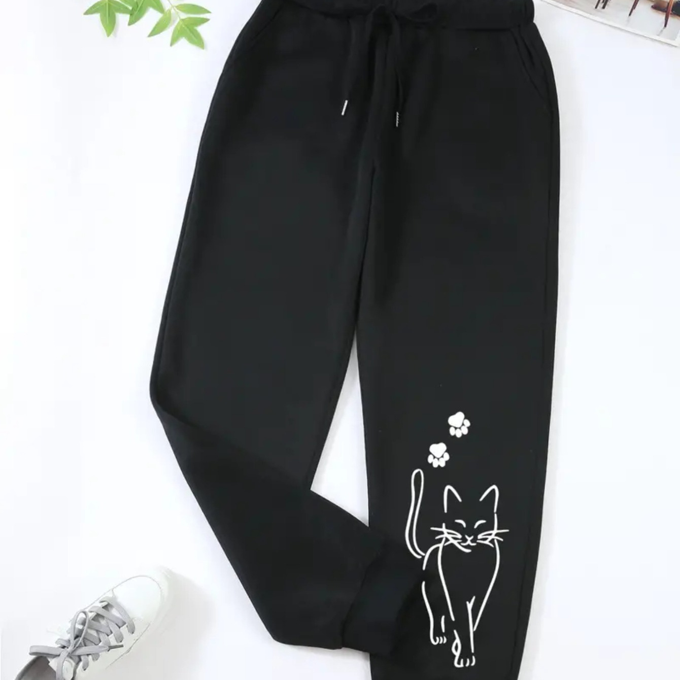 

Pantalon de sport décontracté à cordon de serrage avec imprimé chat - Tissu tricoté % polyester, légèrement extensible, motif animal, pantalon de détente pour femme automne/hiver