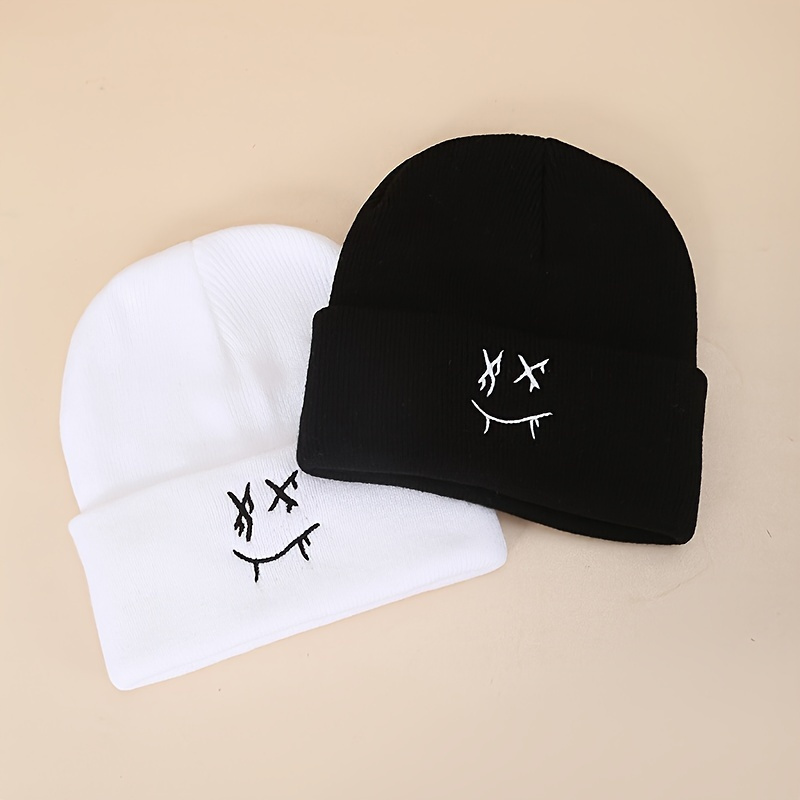 TEMU 2pcs Embroidered Face Beanies - Breathable Winter Hats With , Unisex Cold Weather Accessories For (white & Black), Hat, Seasonal Fashion, Casual