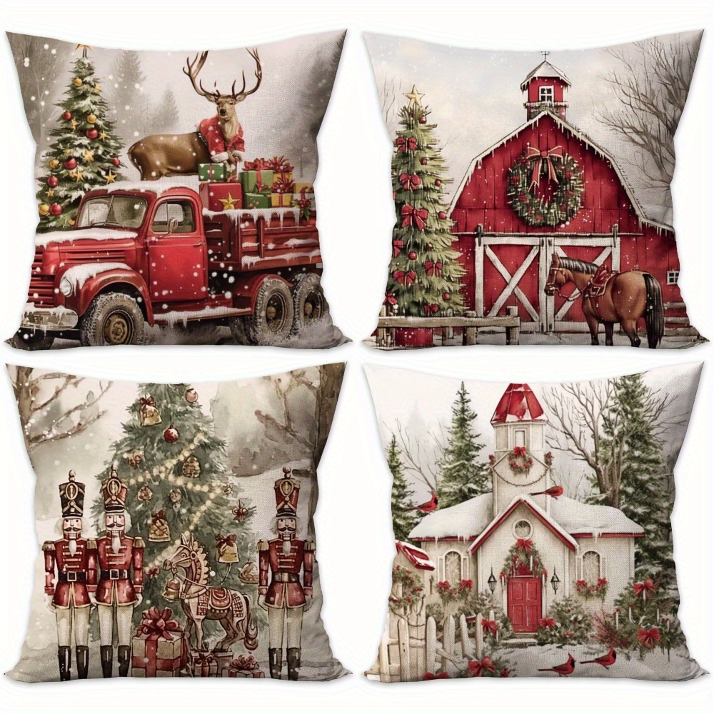 TEMU 4pcs Christmas Theme Linen Throw Pillow - Truck, Design, Style, 18x18 Inch, Soft And Comfortable, Suitable For Living Room, Bedroom, Sofa, Bed Decoration, Pillow Not Included
