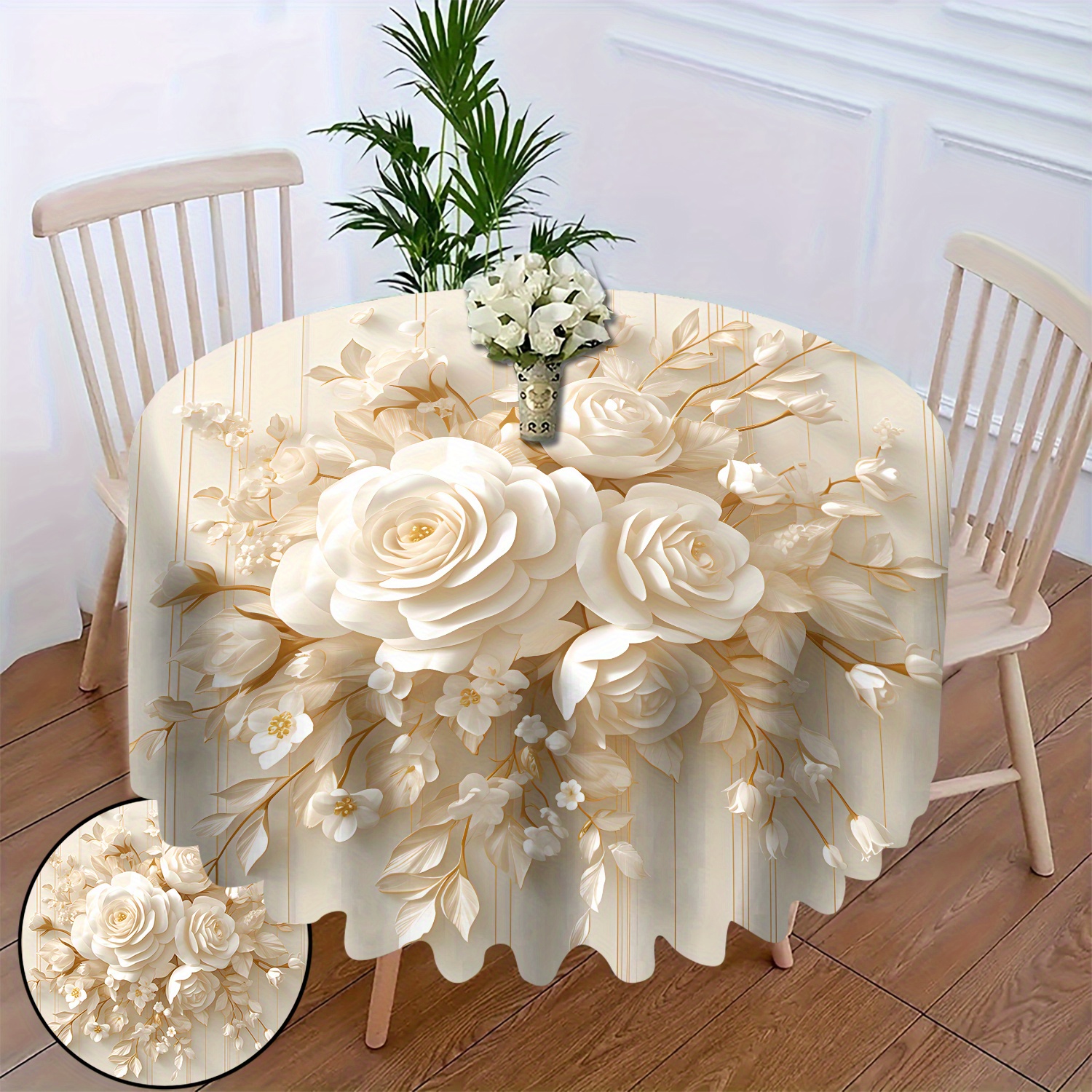 

Round Tablecloth, White Floral And Leaf Design, Polyester, Machine Woven, Dust-proof, Home Kitchen Decorative Table Cover For Dining And Living Room