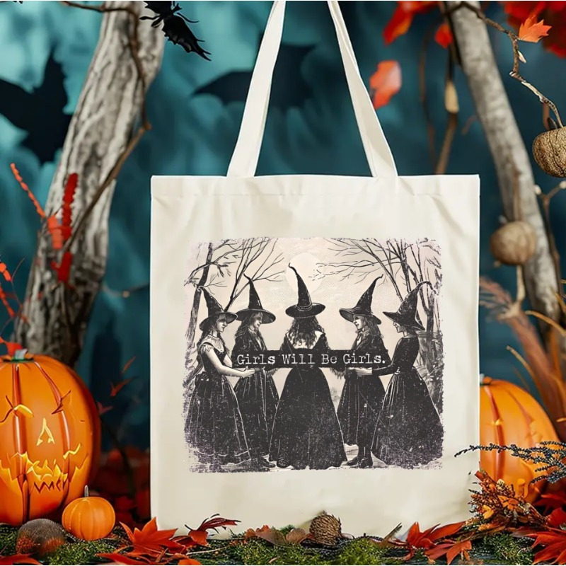 

Girls Girls" Halloween Print Canvas Tote Bag - Fashionable & Casual Women's Handbag, Machine Washable