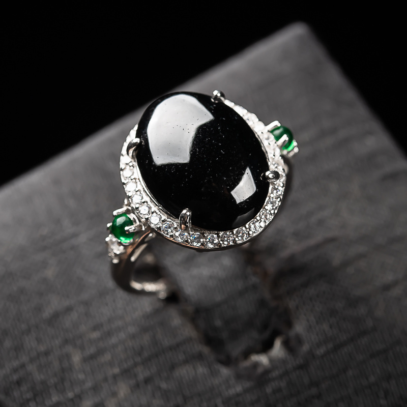 Image of Natural Stone Inlaid 925 Silver Material Diy For Men And Women, Simple And Fashionable, Exquisite Black Agate Diy Chalcedony Ring, Versatile Clothing, And Delivery Jewelry Box