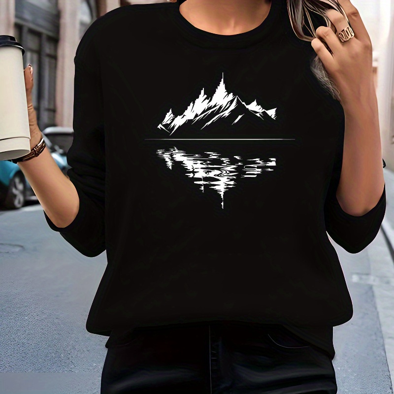 

Women's Casual Crew Neck Sweatshirt With Graphic Mountain Print, 100% Polyester Knit Fabric, Stretch, Fall/winter Pullovers, 250gsm - Adult Clothing